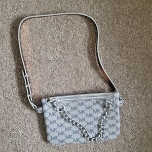 MICHAEL KORS Fanny Pack Belt Grey Multi MK Logo Silver Chain CLASSIC STYLE!!